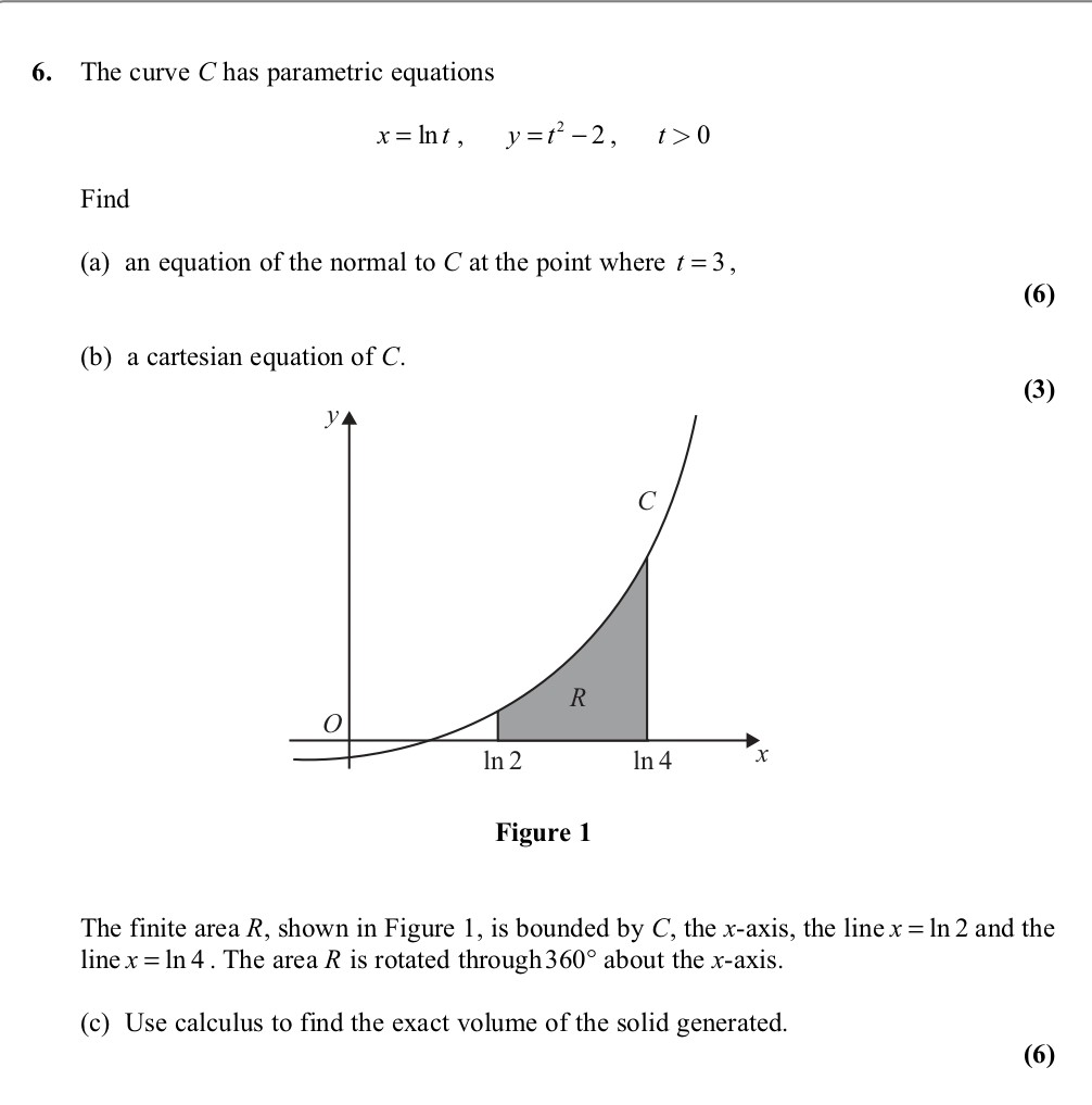The-curve-C-has-parametric-equations--$x-=--ext{ln}-t,--\-y-=-t^2---2,-\-t->-0$--Find--(a)-an-equation-of-the-normal-to-C-at-the-point-where-$t-=-3$-Edexcel-A-Level Maths Pure-Question 2-2010-Paper 7.png